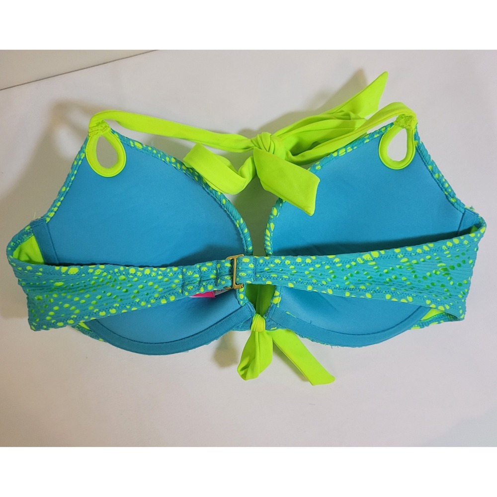 Victoria's Secret Bikini Set 34C M Turquoise Neon Lime Green Eyelet Lace Halter - Picture 5 of 6